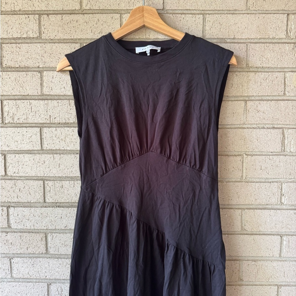 Frame Black Cotton Asymmetrical Tiered Sleeveless Midi Dress Small - Picture 7 of 7